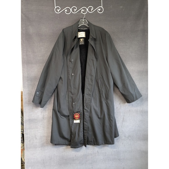 Vtg Campus All Weather Black 46 Long Trench Coat Alpaca Pile Lined Jacket USA